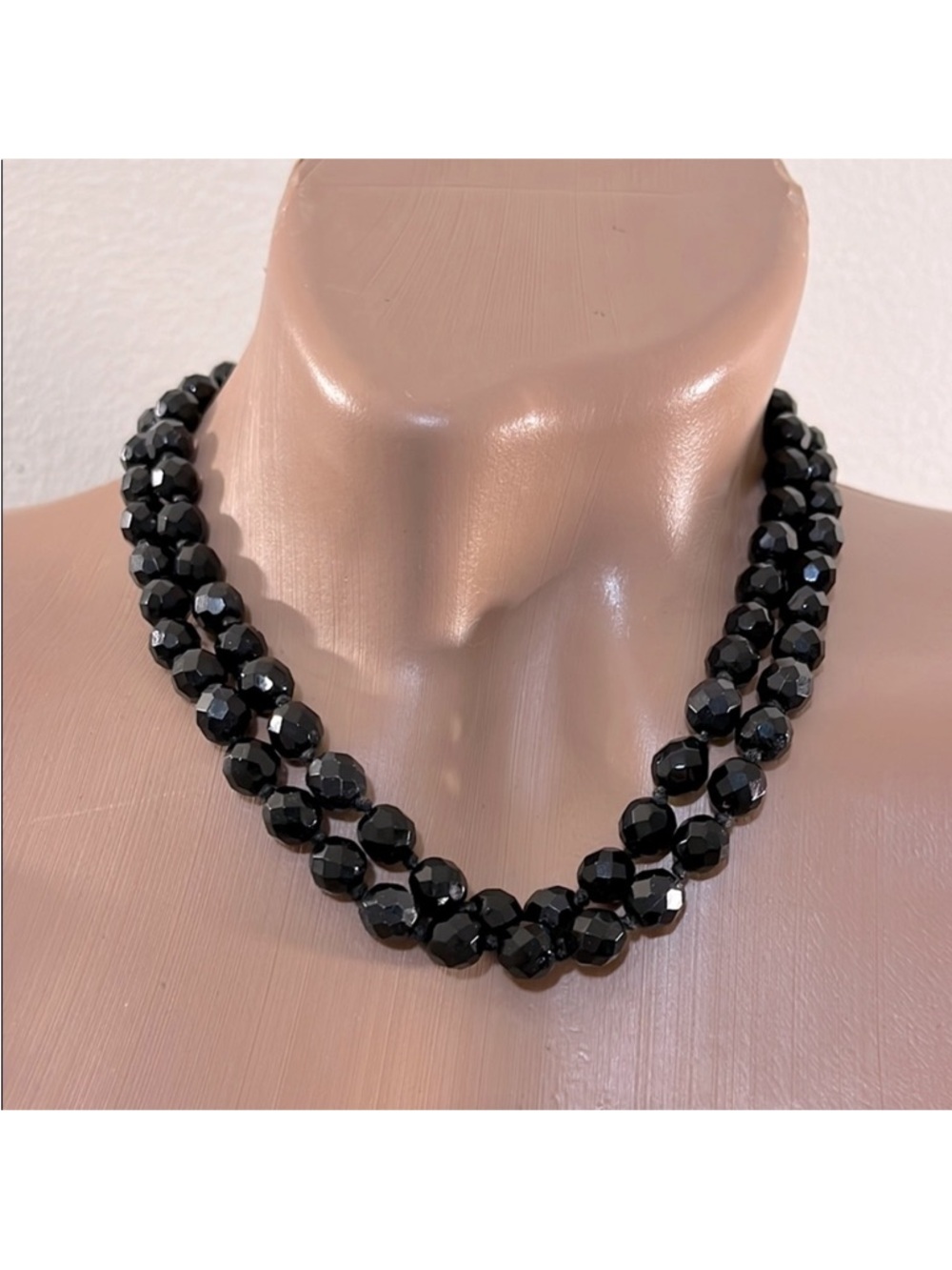 Black Faceted Beaded Double Strand Choker Necklace